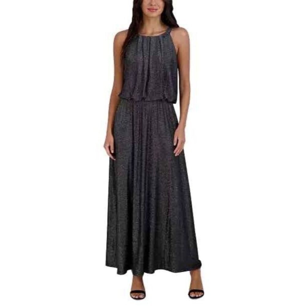 NWT Robbie Bee Womens Silver Sleeveless High Neck A Line Dress Petite Medium